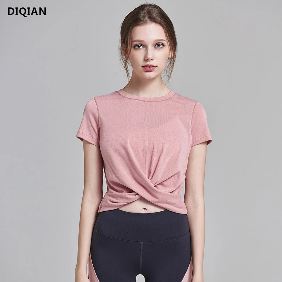 

DIQIAN Women Crop Top Yoga Shirts Tank Tops Pink Short Sleeve Sports Tops Loose O-neck Tees Workout Fitness Gym Sportswear