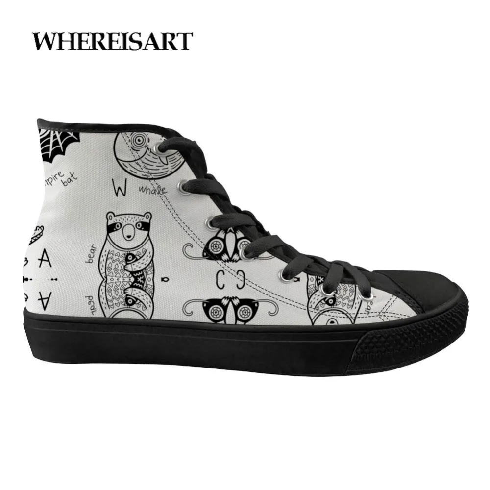

WHEREISART cute bear physical instrument printing men's casual high-top shoes canvas male student shoes comfortable flat shoes