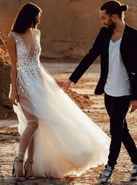 Сексуальное прозрачное пляжное недорогое свадебное платье с кружевом тюлевые Свадебные платья с v-образным вырезом и открытой спиной Vestido De Noiva