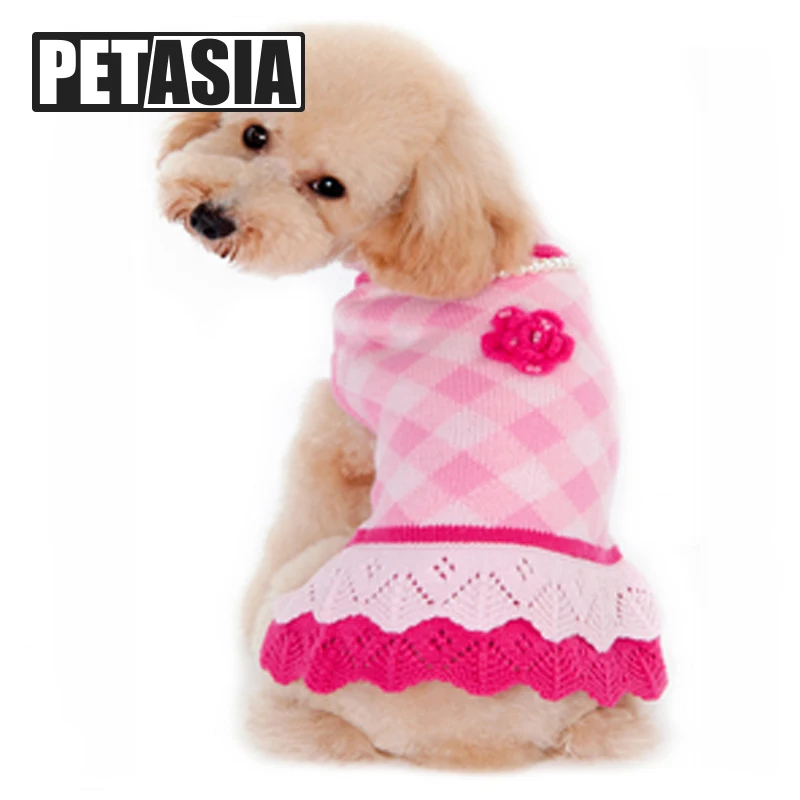Warm Wool Winter Lady Pet Dog Clothes Super Cute With Necklace Pink