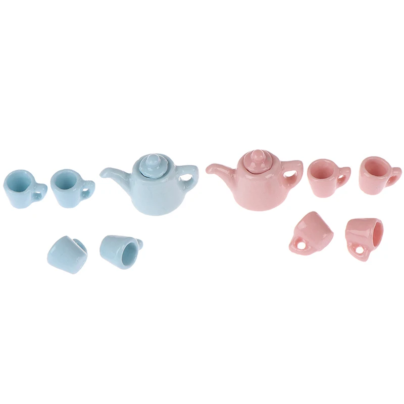 

5Pcs/set Ceramic Scale 1:12 Miniature Modern Porcelain Tea Cup Set Tableware Kitchen Dollhouse Teapot Solid Color