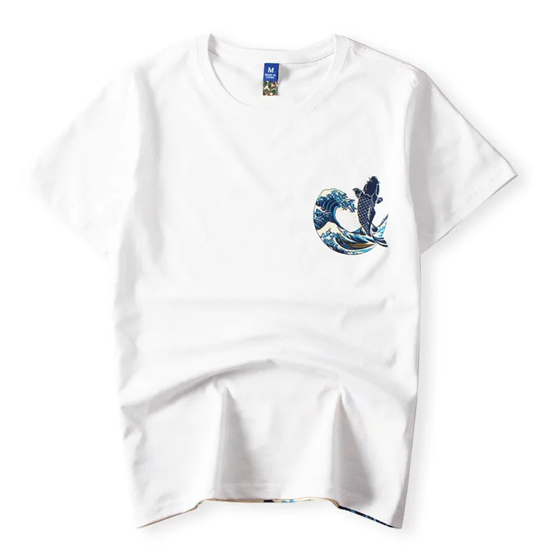 Модная черно-белая футболка с коротким рукавом,, японский стиль Ukiyoe, волнистый карп, рыба, топы, футболки, уличная одежда, хлопковая футболка - Цвет: WHITE