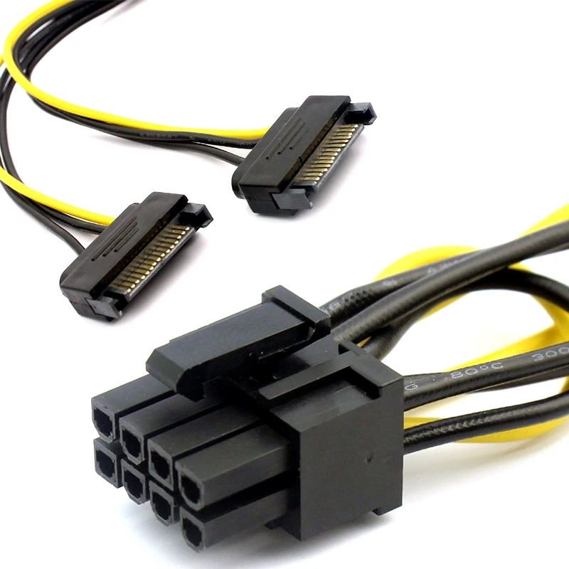 Graphics Card 18AWG Wire Connector 1 IN 2 Male 15Pin to 8Pin SATA Cable for Mining Miner 20CM Dual SATA Power Cable 15P to 8P