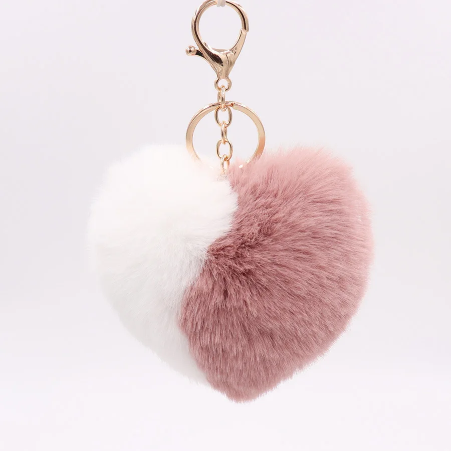 

Trendy Double Color Heart Keychains for Women Pom Pom Faux Rabbit Fur Key Chain Pompom Car Keyring Bag Pendant Accessories