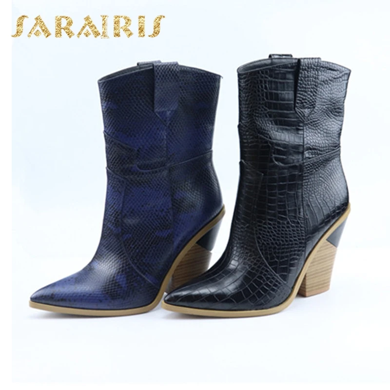 

Sarairis 2019 Plus Size 46 Fashion Dropship High Heels Mid Calf Boots Woman Shoes Slip On retro western boots Shoes Woman Boots