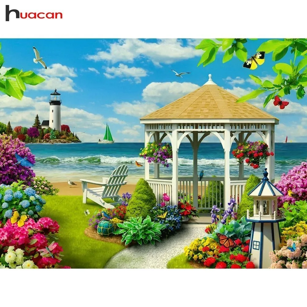 

Diamond Embroidery Landscape 5D DIY Full Square Diamond Painting Pavilion Seaside Picture Of Rhinestone Mosaic Kit Home Decor