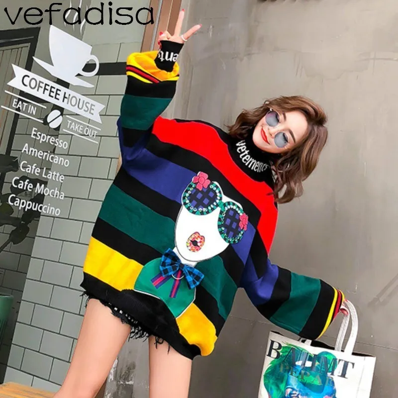 

Vefadisa Women Striped Sweater Lantern Sleeve Cartoon Sweater Turtleneck Sweater Women Bow Clothing Autumn 2018 DQ0052