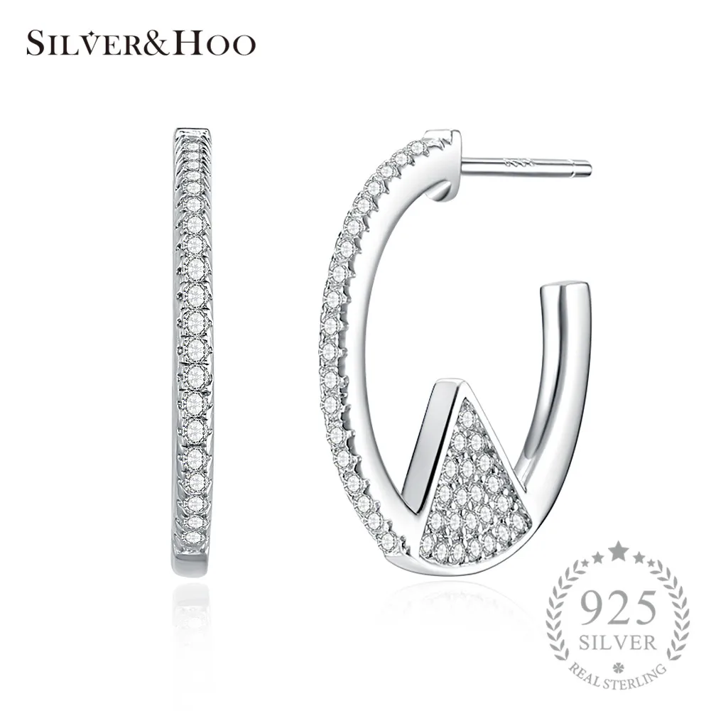 

SILVERHOO Geometric Zircon Crystals 925 Sterling Silver Stud Earrings Gift for Women Brincos de Feminino Trendy Brinco Jewelry