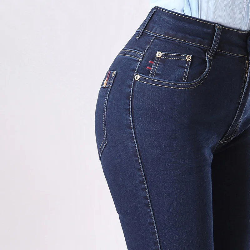 Elastic Straight Mom Jeans Woman for 4 Season High Waist Jeans Plus Size Long Denim Pants Dark Blue Slim Women Long Trousers