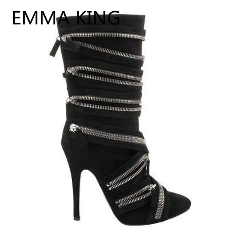 

Full Zipper Designer Shoes For Women Knee High Boots Pointed Toe Black Suede Thin High Heels Back Zipper Sexy Ladies High Boots