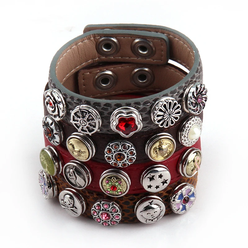 

New Arrival 1.2cm Metal Button With Rhinestone Epoxy Enamel Leather Bracelets For Women Leather Wrap Bracelet Free Shipping
