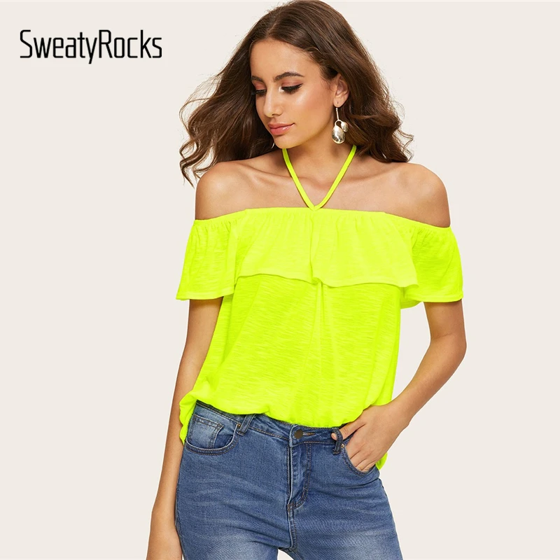 

SweatyRocks Halter Off Shoulder Neon Lime Flounce Top Sexy Sleeveless Fashion Tops 2019 Summer Women Streetwear Solid Tees