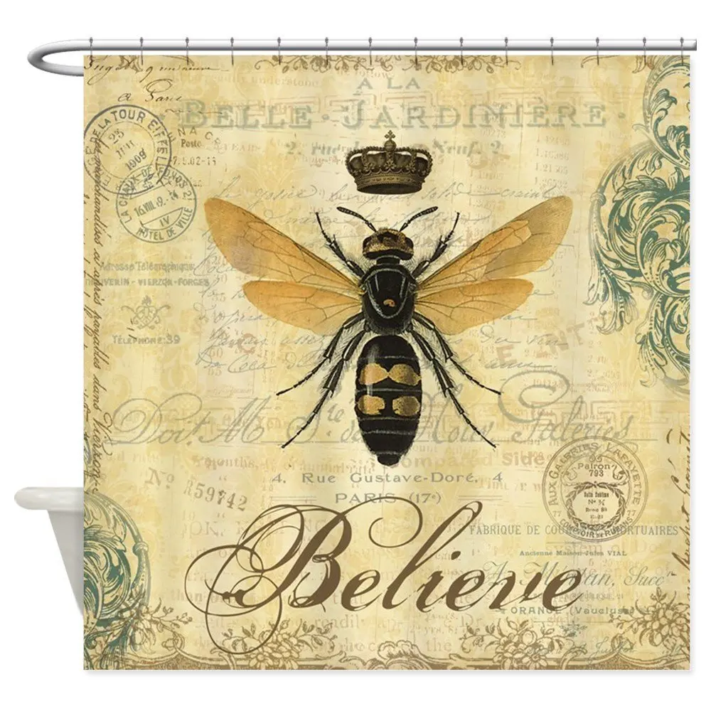 Modern Vintage French Queen Bee Decorative Fabric Shower Curtain Bath