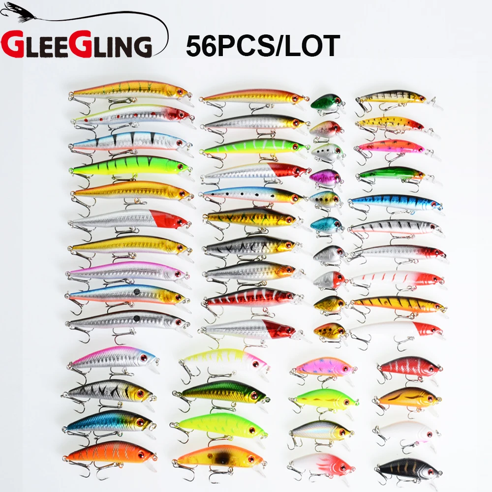 

GLEEGLING 56pcs/set Winter Fishing Lures Set Mixed Fishing Popper VIB Spoon Minnow Crankbait Fishing Gear Tackle
