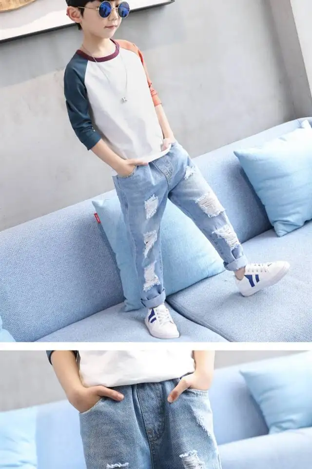 INS hot boys jeans 4-13 years old baby jeans Cotton washed hole kids jeans Korean boy jeans long pants all-season boys gift