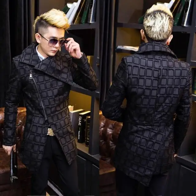 

Slide Zipper Plaid Trench Coat Fleece Inside Winter Coat Big Turn Down Collar Irregular Length Jacket Coat Men Slim Fit outfit
