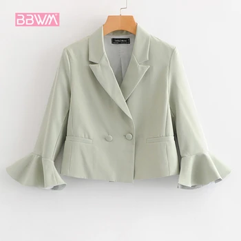 

2018 autumn women's fashion new loose wild lapel two buckle trumpet sleeves solid color small suit jacket