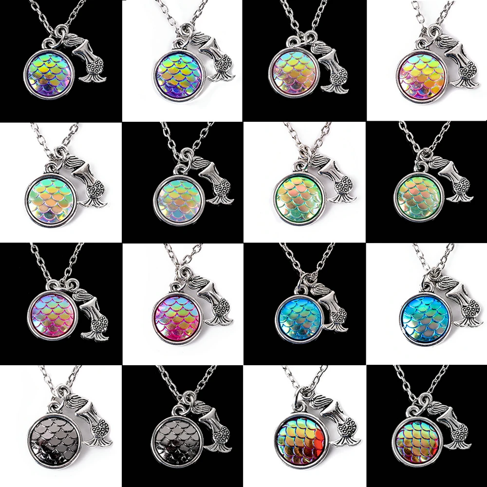 Moda Feminina Menina Sereia Escama de Peixe Rainbow Holográfico Lantejoulas Padrão de Charme Pingente de Cadeia Longa Colar Presente New Jewelry