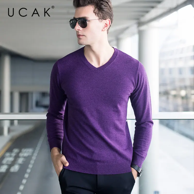 

UCAK Brand Sweater Men Classic Casual V-Neck Pull Homme Pure Merino Wool Pullover Men Autumn Winter Soft Cashmere Sweaters U3005