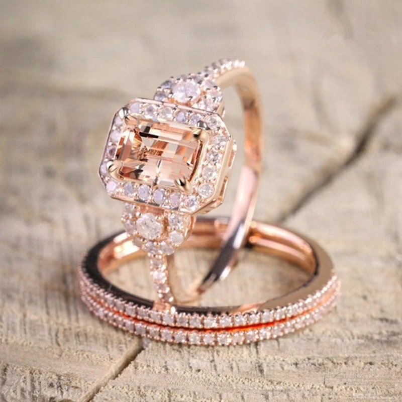 Square Orange Stone Wedding Ring Set Couple Love Engagement Rings for Women Luxury Jewelry Rose Gold Ring Anillos Mujer O5N889