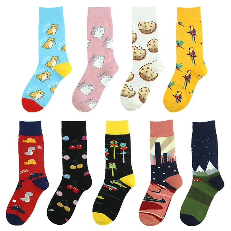 Милые модные носки в стиле Харадзюку, Милые Носки с рисунком еды, печенья, животных, кошек, птиц, динозавров, скейтборд, женские и мужские трендовые носки