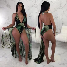 

New Summer Sexy High Cut Women Swim Suit Backless One Piece Swim Wear Leaf Print Bodysuit Cover Up Tankini 2018 Bathing Suit