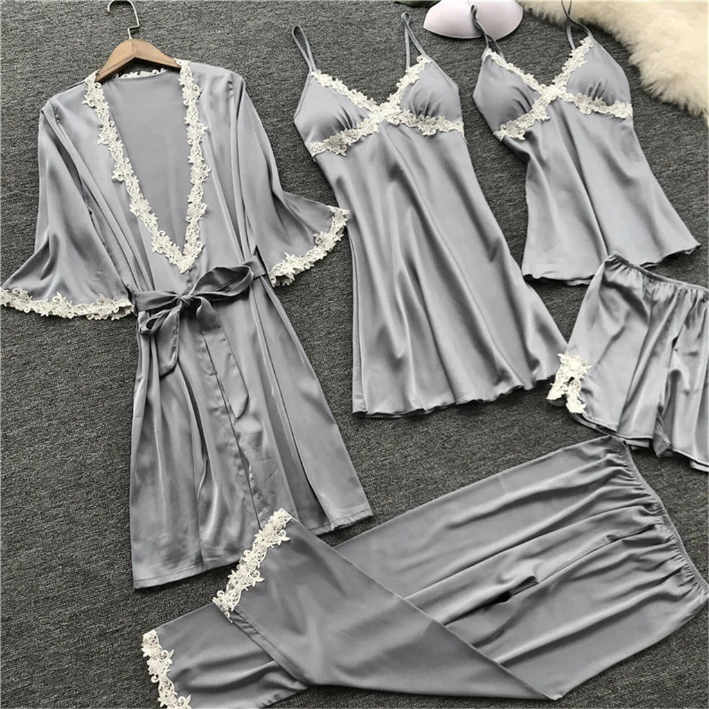 Women Satin Sexy pajamas Lace Lingerie Nightwear Underwear Babydoll Sleepwear Dress 5PC Suit pyjamas women sexy lingerie