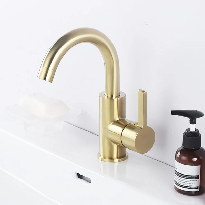 US $50.41 Brushed Gold Brass Bathroom Washbasin Faucet Single Handle Cold And Hot Mixer Tap Bathroom Sink Rotation Tap