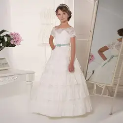 Высокое качество кружевное фатиновое платье с цветочным узором для девочек с поясом Рубашка с короткими рукавами овальным вырезом первого