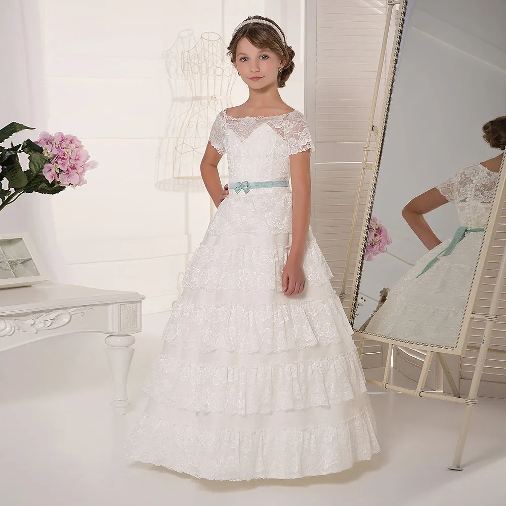 

High Quality Lace Tulle Flower Girl Dress with Belt Short Sleeves Scoop Neck Holy First Communion Gowns Kids Pageant Gowns Longo