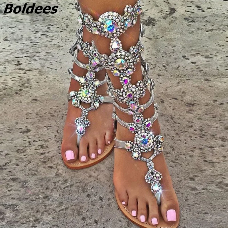 Boldees Plus Size Top Quality Luxury Style Rhinestone Bohemia Woman Sandals Fashion Glittering Summer Buckle Strap Lady FlatShoe Women's Shoes