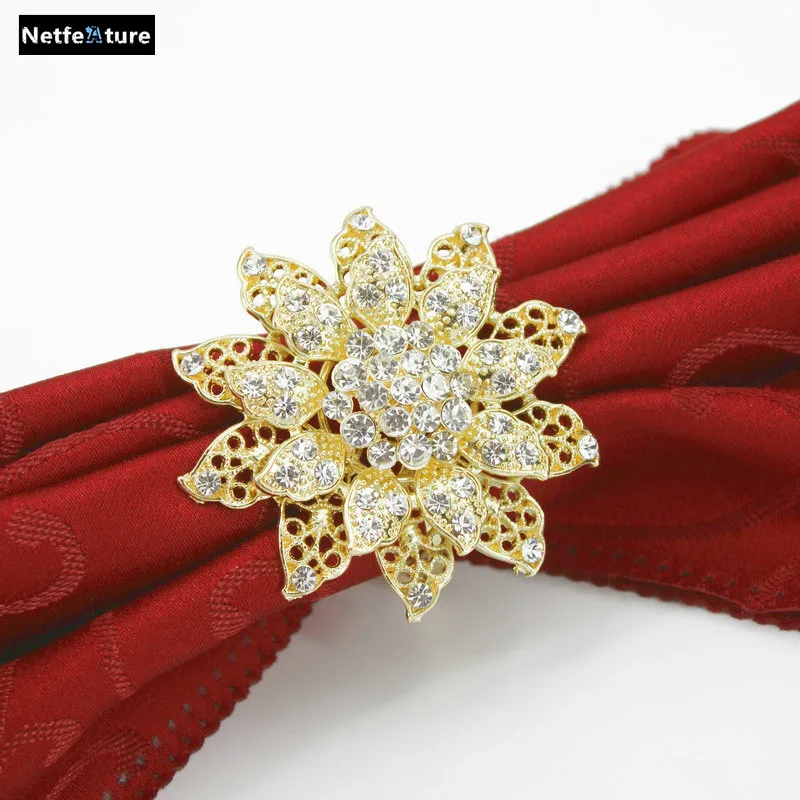 

Free Shipping 4pcs/lot Metal Napkin Rings Flower For Wedding Table Decoration Rhinestone Napkin Holder Nickle gold Plating