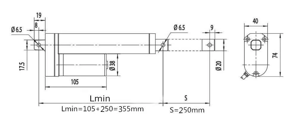 LA10 linear actuator 250mm drawing
