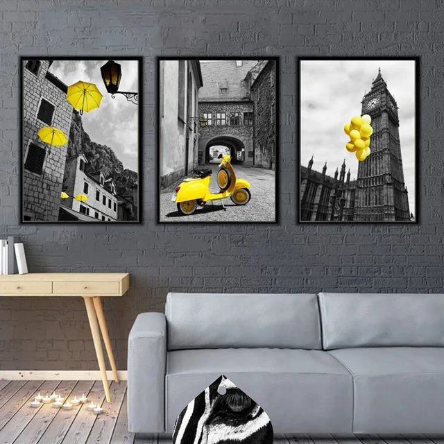 Haochu Street Photograph Yellow Black Gray Art Canvas Painting Haochu Street Photograph Yellow Black Gray Art Canvas Painting Modern London City Building Living Room Home