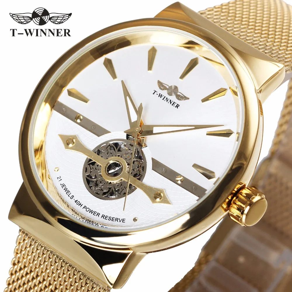 

WINNER Business Golden Men Automatic Mechanical Watch Mesh Strap Skeleton Dial 3D Scale Design Royal Style Gentleman Wristwatch