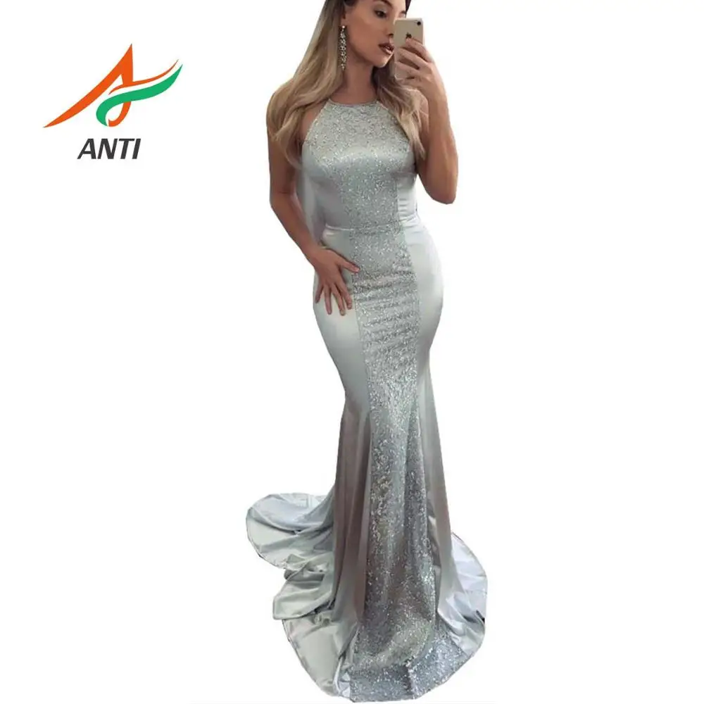 

ANTI Luxury Silver Satin African Prom Dresses Mermaid Sleeveless Halter Neck Backless Sexy Black Girls Graduation Dress In Stock