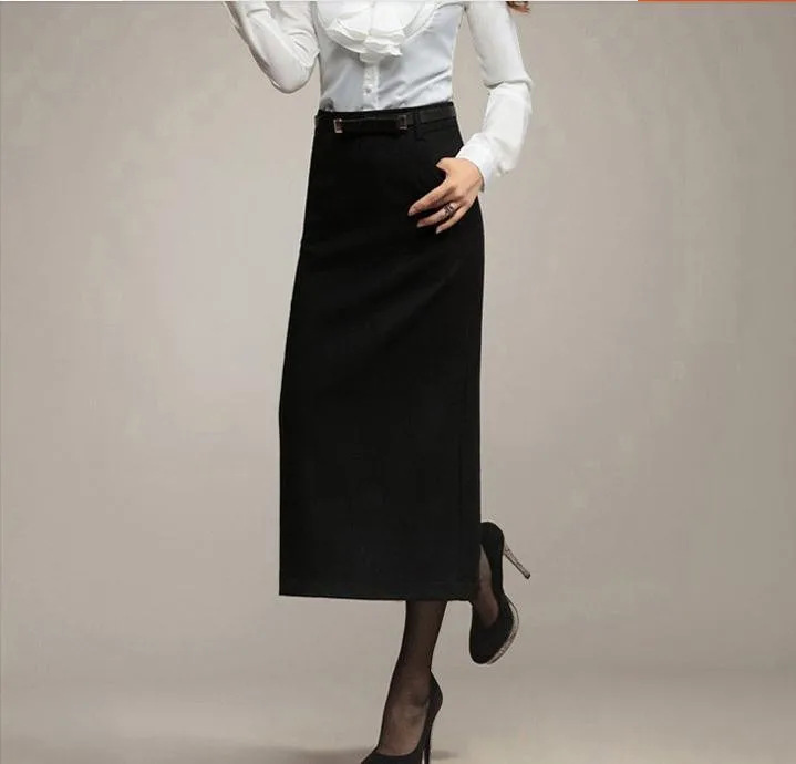 Woolen high waist ol slim long pencil skirt in Skirts