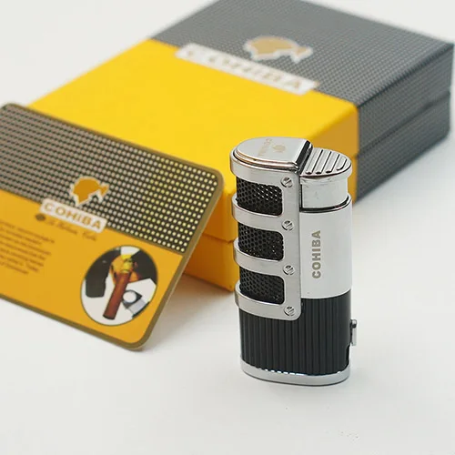 Европейский покупатель Cohiba Gridding Stripes Стиль бутан 3 Факел Jet зажигалка для сигары с дырокол для сигарет; защита от ветра зажигалки - Цвет: Черный