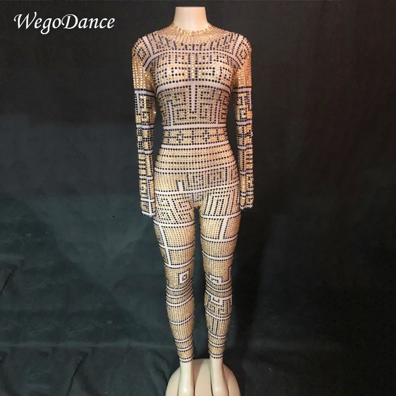 

New Sexy Mesh See Through Rhinestones Bodysuit Sparkly Black Gold Stones Jumpsuit Rompers Stage Birthday Dance Wear Outfit