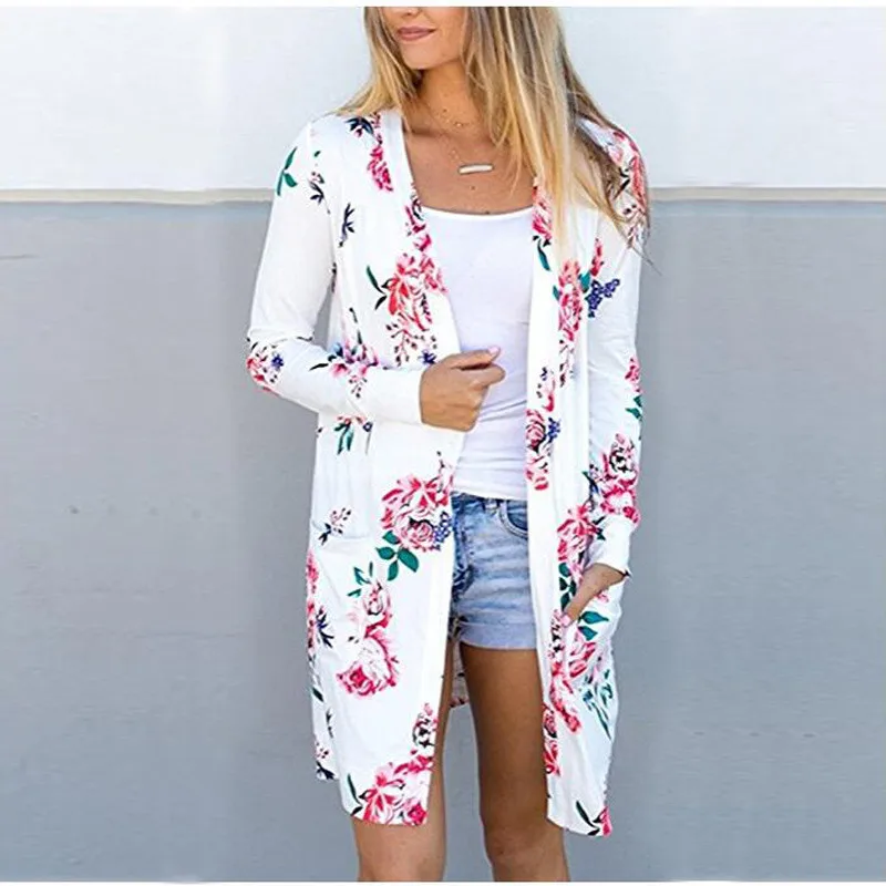 

Autumn Women Fashion Long Sleeve Floral Print Open Stitch Tops Pockets Casual Slim Soft Elegant Tops Coats Female Big Size S-3XL