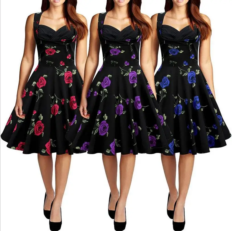 

2019 Women's summer new style fashion self - cultivation vingate roses print big swing A-line casual party club sleeveless dress