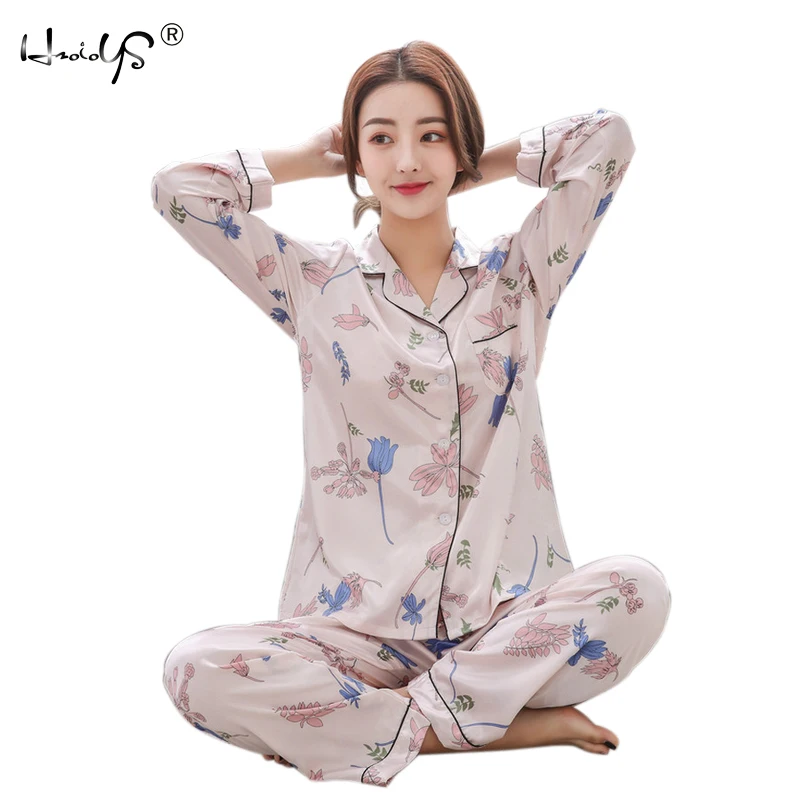 

2019 Autumn Winter Women Satin Pajama Sets Long Sleeve Print Sexy Pijama Silk Pyjamas Female Home Suit Tracksuit Women Sleepwear