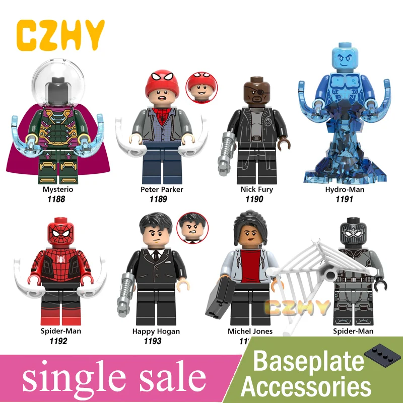 

Building Blocks Super Heroes Michel Jones Peter Parker Mysterio Nick Fury Hydro-Man Happy Hogan Toys For Children Gifts X0249