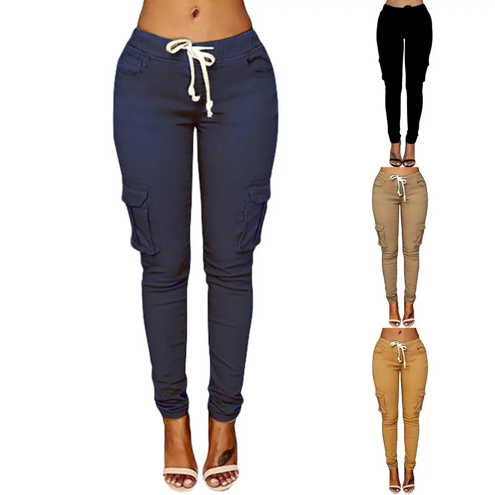 Pantalones de cintura alta pantalones de carga Pantalones de bolsillos pantalones con cordón pantalones de verano polainas pantalones pitillo Casual