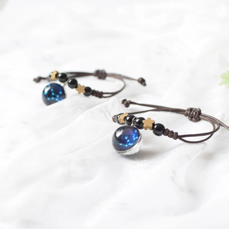 Couple 12 Constellations Luminous Woven Bracelets Round Pendant Rope Chain Unisex Beaded Simple Jewelry For Student Lover Gift