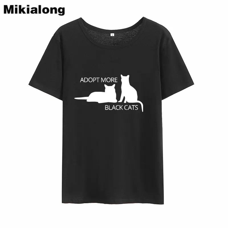 Mikialong Adopt More Black Cat Kawaii Футболка женская 2018 хлопковая футболка с коротким рукавом