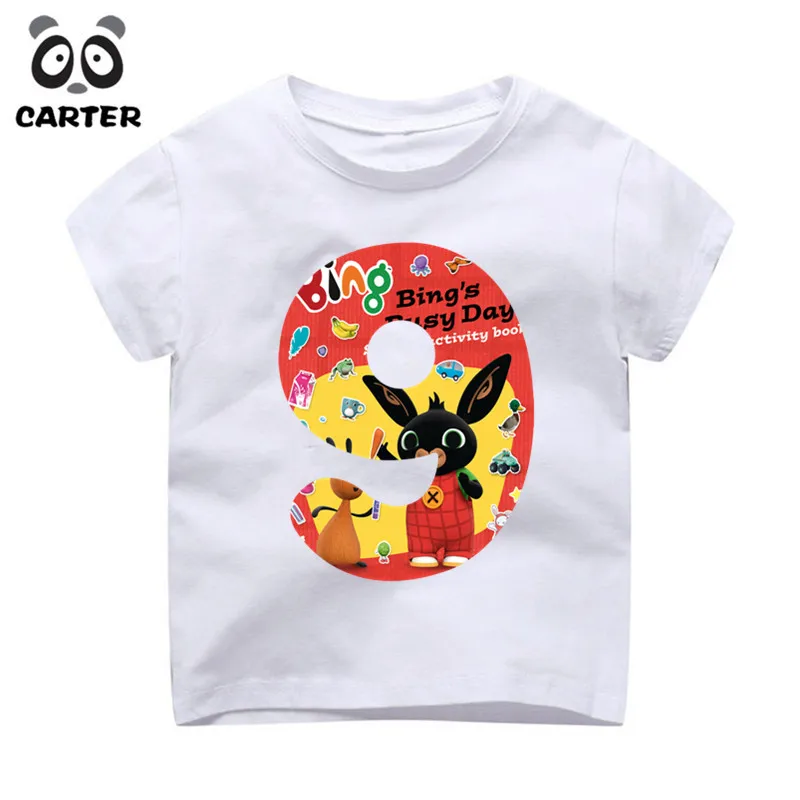 Детские футболки Bing Rabbit на день рождения с цифрой 1-9, топ с надписью «Happy Birthday Bing's Busy Day» для маленьких мальчиков и девочек, футболка на заказ, Прямая поставка - Цвет: P121-9