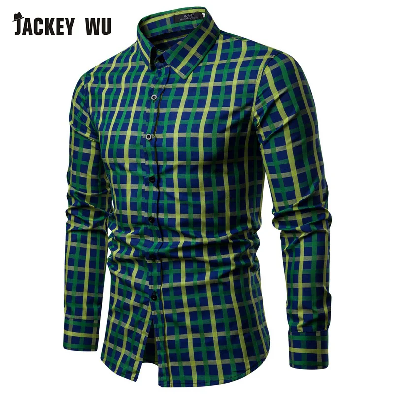 

JACKEYWU Plaid Shirts Men 2019 Brand Korean Fashion Long Sleeve Casual Shirt Breathable 100% Cotton Soft Dress Shirt Camisa Blue
