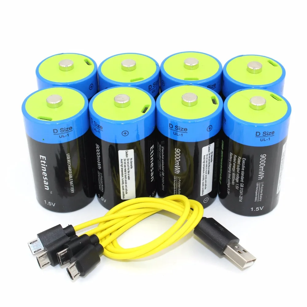 SUPER PACK! 8pcs Etinesan 1.5v li polymer 9000mWh D size rechargeable D
