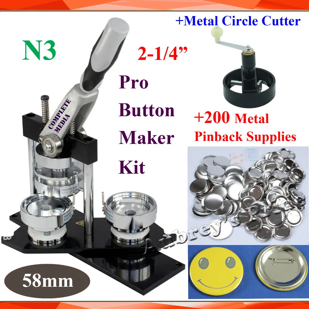 

Pro N3 NEW Worldwide Class 2-1/4":58mm Badge Button Maker Machine +Metal Circle Cutter+200 Sets Metal Pinback Button Supply